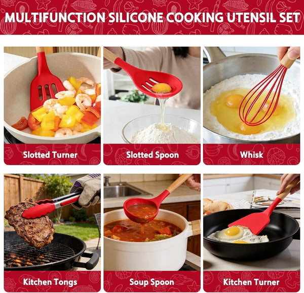 Silicone Kitchen Utensil Set, 12-Piece Cooking Spatula Set with Natural Beech Wood Handles, Non-Stick, Heat Resistant (Red)4