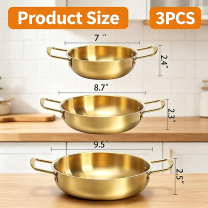Set of 3 Korean Ramen Noodle Pot with Handles, Stainless Steel Everyday Pan, Golden Korean Cooking Pot for Soup, Noodle, Pasta, Home and Outdoor, Dishwasher Safe, Size 7", 8.7", 9.5"2