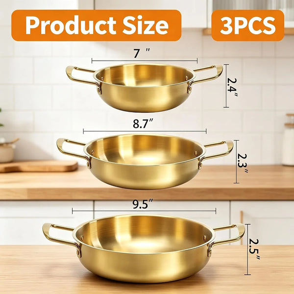 Set of 3 Korean Ramen Noodle Pot with Handles, Stainless Steel Everyday Pan, Golden Korean Cooking Pot for Soup, Noodle, Pasta, Home and Outdoor, Dishwasher Safe, Size 7", 8.7", 9.5"2