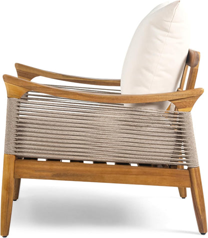 Havets 4 Piece Patio Conversation Sets, Outdoor Acacia Wood Patio Seating Group,Woven Rope Loveseat Chairs with Cushions and Coffee Table for Porch Backyard Balcony, Teak+Beige9