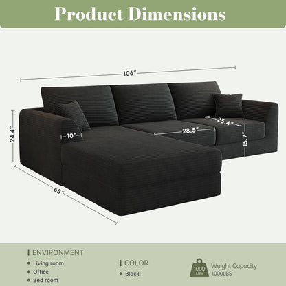 106" Modular Sectional Sofa with Deep Seat, L-Shaped Corduroy Couch with Reversible Chaise, 3-Piece Set for Living Room Bedroom Apartment, No Assembly Required2