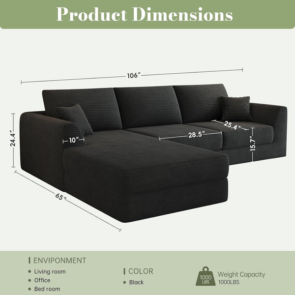 106" Modular Sectional Sofa with Deep Seat, L-Shaped Corduroy Couch with Reversible Chaise, 3-Piece Set for Living Room Bedroom Apartment, No Assembly Required2