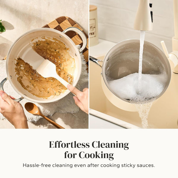 Stock Pot Set with Lid 5Qt, Ceramic Saucepan Set 2.5/3.5Qt, Induction Cooking Pot Set, Nonstick Cookware Set for Stoves, Even Heat, Stay-Cool Handle, Oven/Dishwasher Safe, PFAS Free (Beige)5