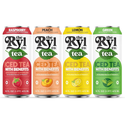Ryl Iced Tea, Variety Fruit Tea Sampler (Peach/Raspberry/Lemon/Green) | Zero Sugar, Antioxidant Superblend, Zero Calorie, Low Carb, Non-Gmo, Kosher, Gluten Free, Made in the USA, 12-Pack, 16 Fl Oz3