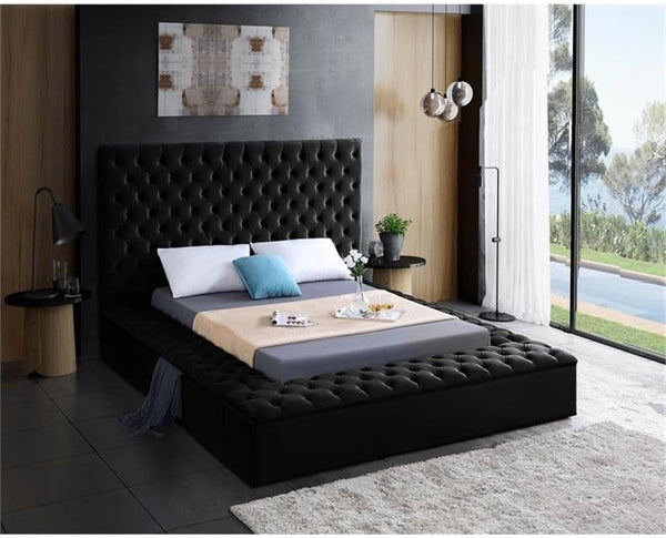 Modern Solid Wood Tufted Velvet Queen Bed, Black Upholstered Fabric, 86" W X 98" D X 60.5" H, Deep Tufted Headboard, Storage Footboard and Rails, No Box Spring Required, Elegant Bedroom2