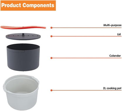 Microwave Rice Cooker Steamer, Microwave Pasta Cooker with Strainer, 2 L Microwave Cookware Set for Rice, Pasta, Vegetables, Quinoa, Oatmeal, Ramen Non Stick (Orange)2