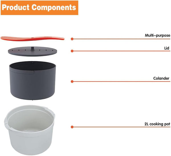 Microwave Rice Cooker Steamer, Microwave Pasta Cooker with Strainer, 2 L Microwave Cookware Set for Rice, Pasta, Vegetables, Quinoa, Oatmeal, Ramen Non Stick (Orange)2