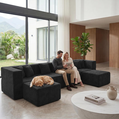 U Shaped Boneless Sectional Couch Oversized, Chenille, Black2