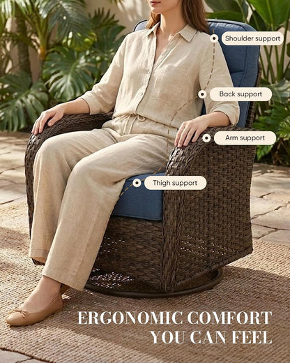 Upgraded 6“ Cushion Luxury 3 Pieces Patio Furniture Set - All Weather Wicker Outdoor Swivel Rocker Patio Chairs of 2 with Side Table, High Back Glider Chairs Set for Deck Porch - Brown/Blue7