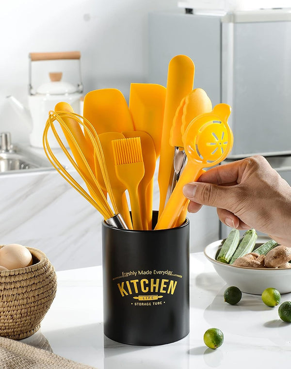Silicone Spatula Set of 11 Kitchen Utensils with Iron Utensils Holder for Baking, Cooking, and Mixing,Cooking Spatulas Nonstick Cookware，Seamless and Flexible,Dishwasher Safe (Yellow)5