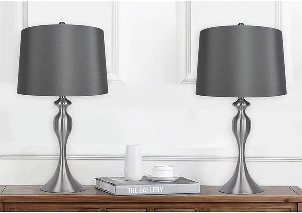 Table Lamps with Dark Grey Lamp Shade, Set of 2 - Brushed Nickel Body with Grey Linen Shade, 26.5" Table Lamps for Bedrooms, Dressers, Buffets and More - ST90215FQ-(W)3