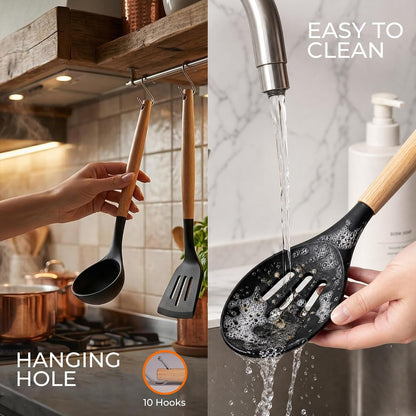 33 Pcs Silicone Kitchen Cooking Utensils Set, Wood Handle & Holder6