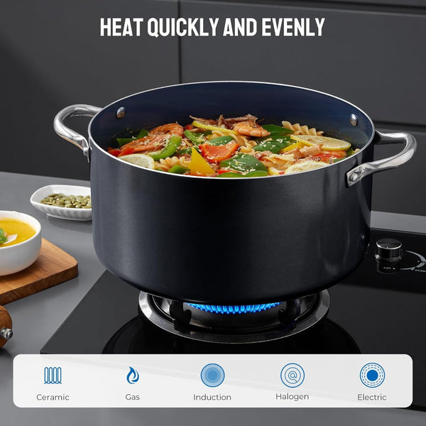 Nonstick Induction Cookware Set, 6-Piece Pots and Pans Set with Lids | 2QT Saucepan, 4.8QT Casserole Dutch Oven, 6QT Stock Pot, Riveted Stainless Steel Handles, Oven Safe, Works on All Stovetops5