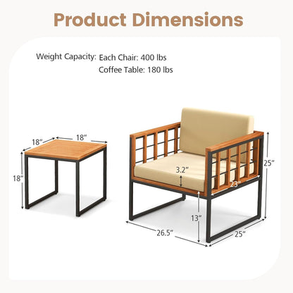 3 Pieces Patio Chair Set, Acacia Wood Outdoor Sofa Set with Metal Support, Soft Seat & Back Cushions Included, Cushioned Bistro Set for Balcony, Porch, Backyard (Beige)5