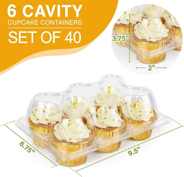 6 Count X 40 Sets Cupcake Containers, Clear Plastic Cupcake Boxes | Thick Plastic Muffin Holders with Detachable Tall Dome Lid, Disposable Cupcake Carriers, BPA Free, Standard Size2