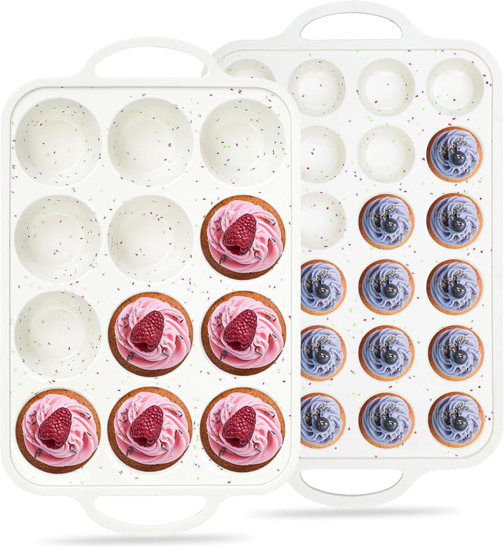 2 Pcs Silicone Muffin Pans for Baking, Cream | Regular 12 Cup and Mini 24 Cup, with Metal Reinforced Frame, Silicone Cupcake Mold, BPA Free