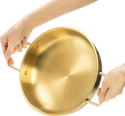 Set of 3 Korean Ramen Noodle Pot with Handles, Stainless Steel Everyday Pan, Golden Korean Cooking Pot for Soup, Noodle, Pasta, Home and Outdoor, Dishwasher Safe, Size 7", 8.7", 9.5"5