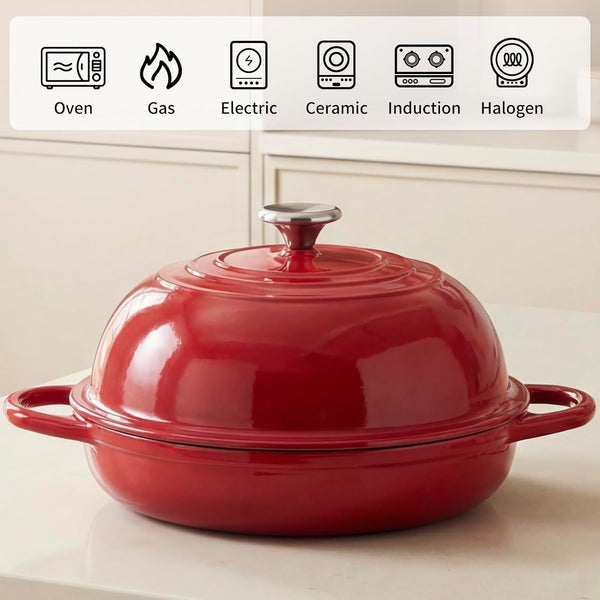 Dutch Oven Cast Iron Bread Oven with Cloche Dome Lid for Baking Sourdough, Artisan Bread, Pizza | Enameled Cast Iron Combo Cooker for Baking, Braising, Roasting | Magenta Enameled Finish3