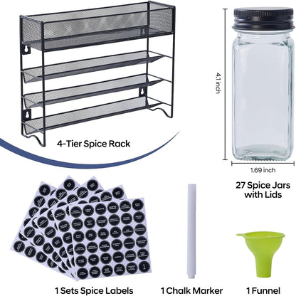 Spice Rack Organizer with 27 Spice Jars with Black Lids2