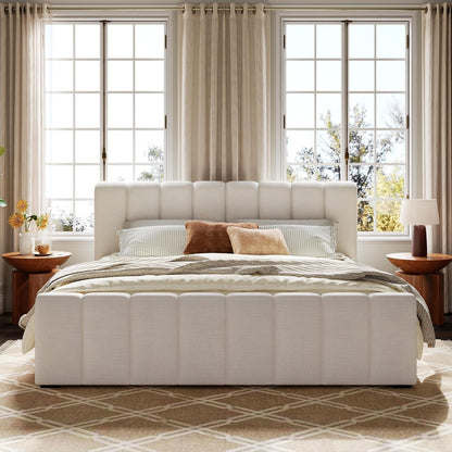 King Upholstered Bed with Thick Headboard and Footboard, Beige3