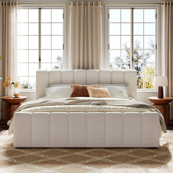 King Upholstered Bed with Thick Headboard and Footboard, Beige3