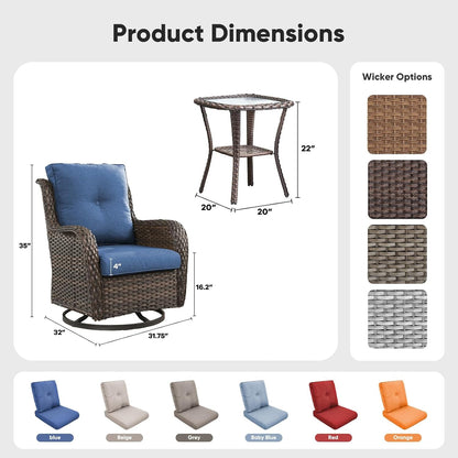 Patio Wicker Chairs Swivel Rocker,Outdoor Patio Furniture Set with Rattan Side Table, All Weather Conversation Set for Porch Poolside Balcony, Brown Wicker/Blue1