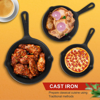 Pre-Seasoned Cast Iron Skillet Set - 3 Piece Frying Pan with Heat-Resistant Handles (6, 8, 10 Inch) for Frying, Saute, Pizza, Oven Safe (Black)5