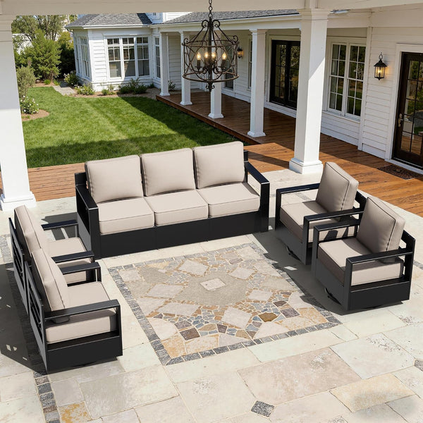 Outdoor Aluminum Furniture Set, 5-Piece Patio Conversation Set, 4 Swivel Chairs and 1 Sofa, All-Weather Metal Frame, 6" Thick Removable Cushions, Deep Setting for Garden, Poolside and Porch9