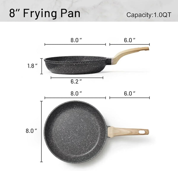 Dimensions of an 8-inch granite non-stick frying pan with wooden handle2