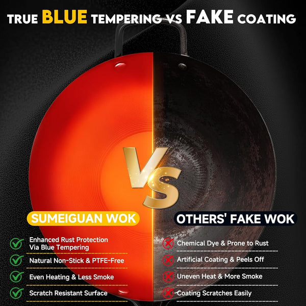 13.5" Blue Carbon Steel Wok, Pre-Seasoned Flat Bottom Wok Pan | Pre-Seasoned, No Chemical Coating, Rust-Resistant Blue Tempering, Fits Gas/Induction/Electric Stoves, Ideal for Stir-Fry3