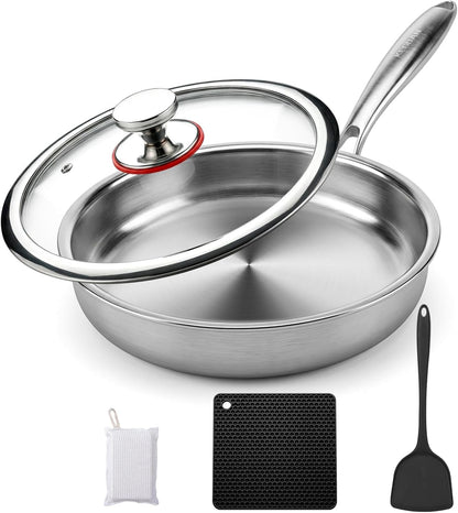 12 Inch Tri-Ply Stainless Steel Frying Pan with Lid, 5Pcs Skillet | PFOA Free, Oven & Dishwasher Safe, Induction Cooking Pan, Fast & Even Heat, Detachable Handle1