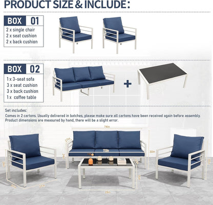 Patio Furniture Set Aluminum 4 Pieces White Metal Outdoor Furniture Set Glass Coffee Table with No-Slip Cushions and Waterproof Covers, Navy Blue4