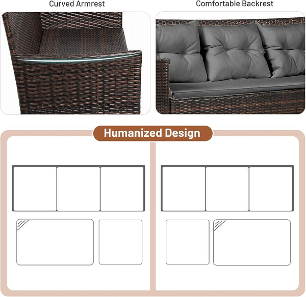 3 Pieces Patio Furniture Sectional Set, Rattan Wicker Conversation Set W/ 5 Cozy Seat & Back Cushions, Tempered Glass Coffee Table for Poolside, Balcony, Backyard Outdoor Furniture (Gray)6