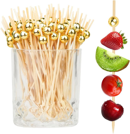 200PCS Cocktail Picks, Fancy Toothpicks for Appetizers, Decorative Skewers for Appetizers Drinks Party Fruit, 4.7 Inch Long Wooden Bamboo Gold Ball Food Sticks Charcuterie Boards Accessories1