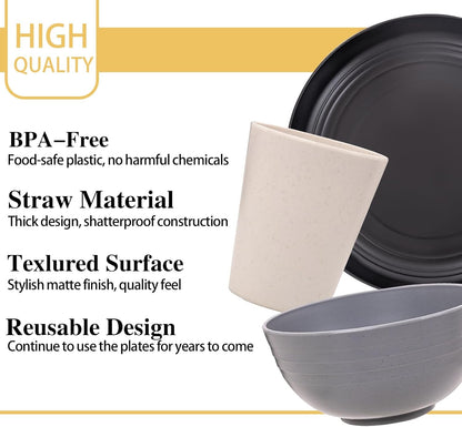 Wheat Straw Dinnerware Sets, 16PCS Plastic Dinnerware Set for 4, Wheat Straw Plates and Bowls Sets, Unbreakable Dinnerware Plastic Microwave Safe Dishes Set for Kitchen&Camping7