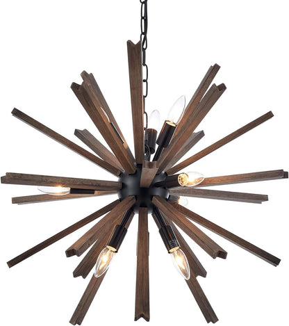 9-Light Sputnik Pendant Light Black, Farmhouse Wood Chandelier for Dining Room Industrial Hanging Light Fixture Ceiling for Bedroom Entryway Kitchen Foyer Living Room1