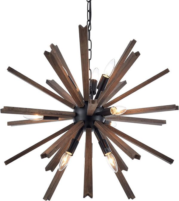 9-Light Sputnik Pendant Light Black, Farmhouse Wood Chandelier for Dining Room Industrial Hanging Light Fixture Ceiling for Bedroom Entryway Kitchen Foyer Living Room1