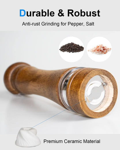 Pepper Grinder Salt Grinder Wooden Pepper Mill Grinder W/Adjustable Coarse, 8 Inch Tall Wood Refillable Manual Pepper Grinder Mill Peppermill for Black Peppercorn, Easy Clean W/Cleaning Brush3