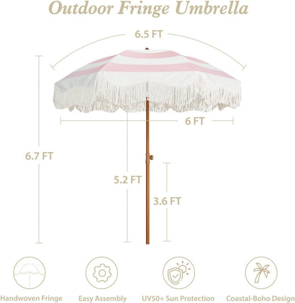 Boho Fringe Umbrella, 6.5Ft Outdoor Umbrella with Tassel | Boho Chic Style, UPF 50+ Sun Protection, Steel Pole, Push Button Tilt, Easy to Set Up, for Party Picnic Beach, Green Stripe6