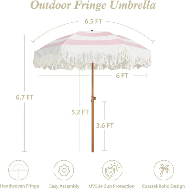 Boho Fringe Umbrella, 6.5Ft Outdoor Umbrella with Tassel | Boho Chic Style, UPF 50+ Sun Protection, Steel Pole, Push Button Tilt, Easy to Set Up, for Party Picnic Beach, Green Stripe6