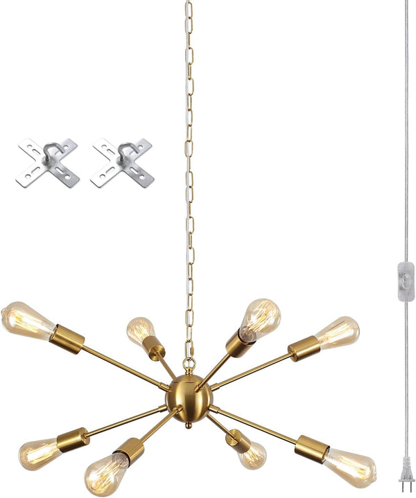 8 Lights Plug in Chandelier Gold, Sputnik Hanging Lights Fixture8