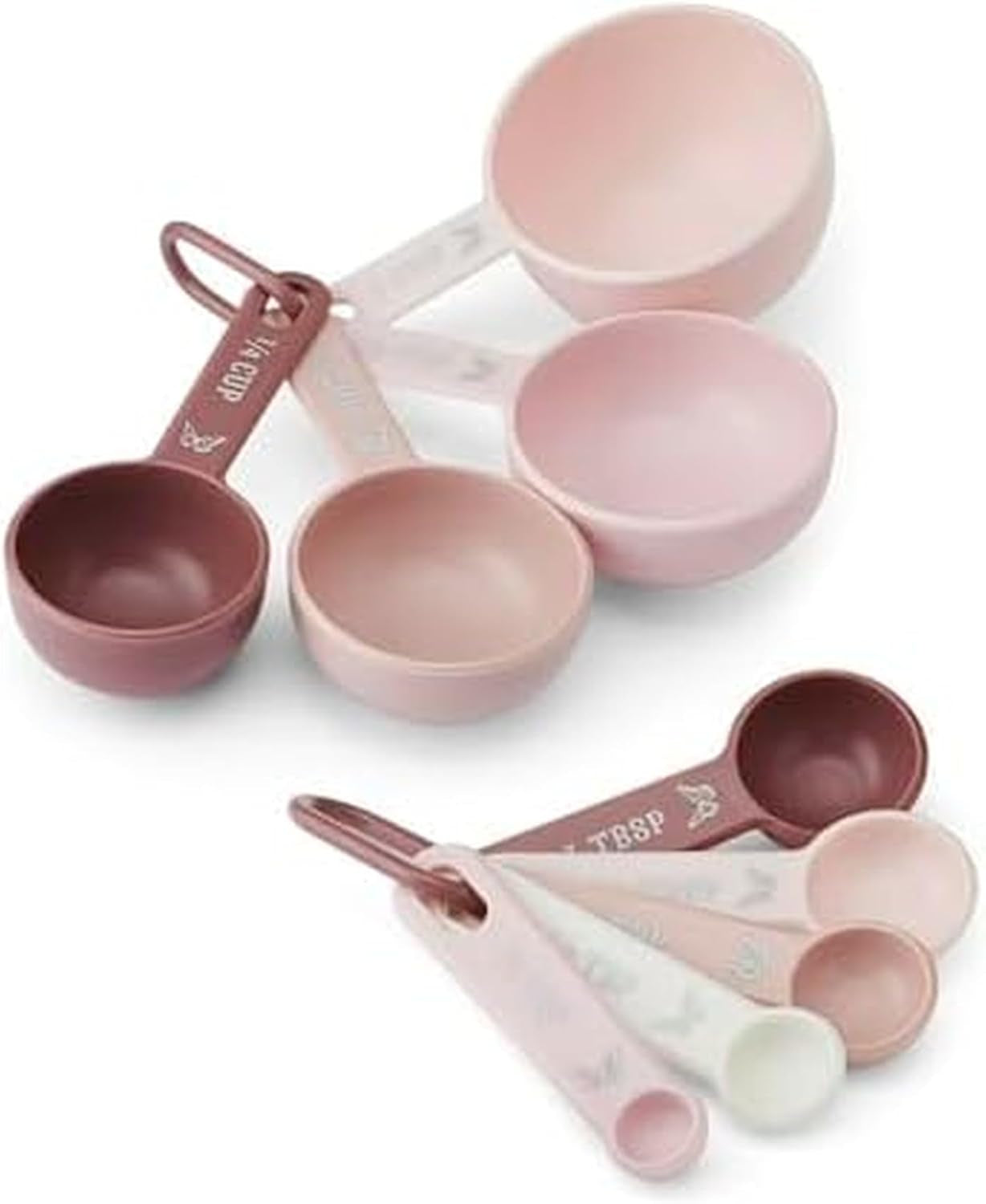 measuring-cups-and-spoons-set-pink-with-butterfly-accents-easy-read-markings-nesting-design-with-ring-1-4-tsp-to-1-cup-baking-and-cooking-essential-9-piece