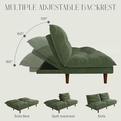 Futon Sofa Bed, 69 Inch Futon Couch with Adjustable Backrest, Corduroy Convertible Sleeper Sofa Bed, Folding Sleeper Recliner for Apartment, Living Room, Office, Green3