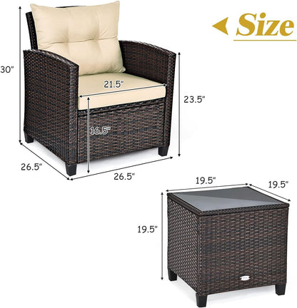 3 Pieces Patio Furniture Set, PE Rattan Wicker 3 Pcs Outdoor Sofa Set W/Washable Cushion and Tempered Glass Tabletop, Conversation Furniture for Garden Poolside Balcony (Beige)4