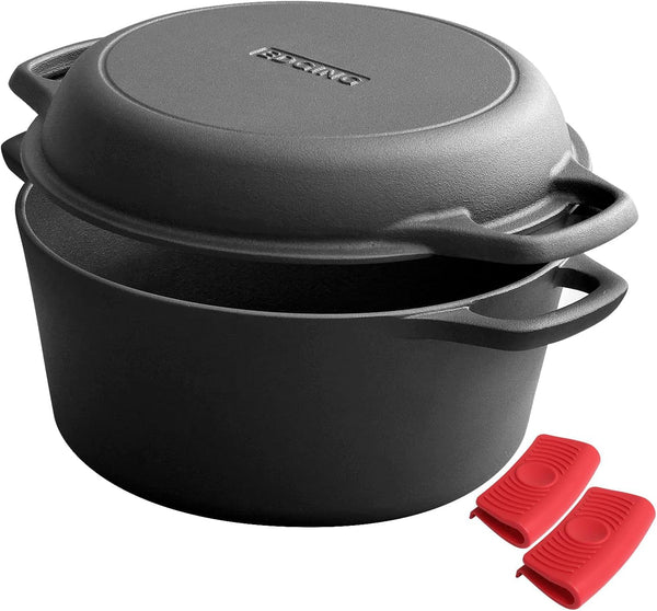 2-In-1 Pre-Seasoned Cast Iron Dutch Oven Pot with Skillet Lid Cooking Pan, Cast Iron Skillet Cookware Pan Set with Dual Handles, Indoor Outdoor for Bread/Frying/Baking/Camping/Bbq, 5 Qt1