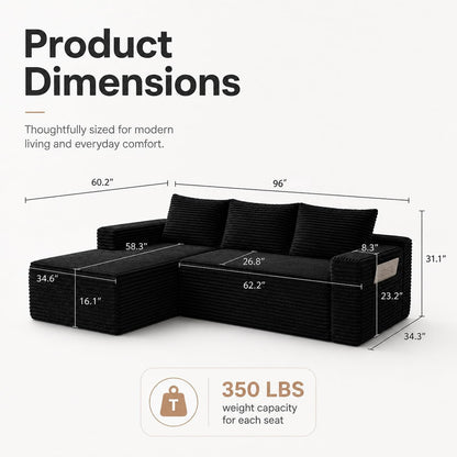 96 Inch Boneless Couch, Modular L-Shaped Cloud Sectional Sofa, Black2