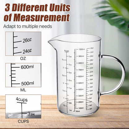 3 Pack Glass Measuring Cups,1-Cup,2-Cup,4-Cup Measuring Jugs with Handle &V Shaped Spout,3 Scales(Oz,Cup,Ml) High Borosilicate Glass Measuring Cup for Liquid Kitchen-Microwave Freezer Safe3