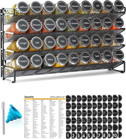 Spice Rack Organizer with 36 Spice Jars, 386 Spice Labels, Chalk Marker and Funnel Set for Cabinet, Countertop, Pantry, Cupboard or Door & Wall Mount - 36 Jars, 17.2" W × 10.8" H, Black1