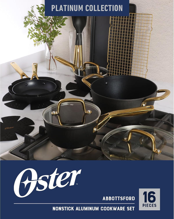 Oster Platinum Abbottsford 16 Piece Aluminum Pots and Pans PFA Free Ceramic Non Stick Induction Kitchen Cookware Set - Black W/Gold2