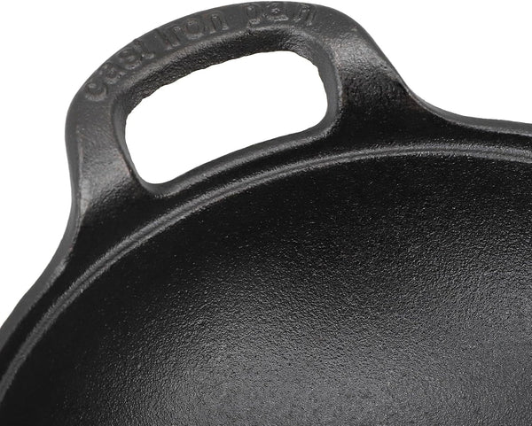 Cast Iron Wok, 14 Inch Pre Seasoned Heavy Duty Flat Bottom Chinese Pan with Wooden Lid for Stir Fry Deep Frying Grilling Steaming on Electric Gas Induction Stoves (25Cm)6